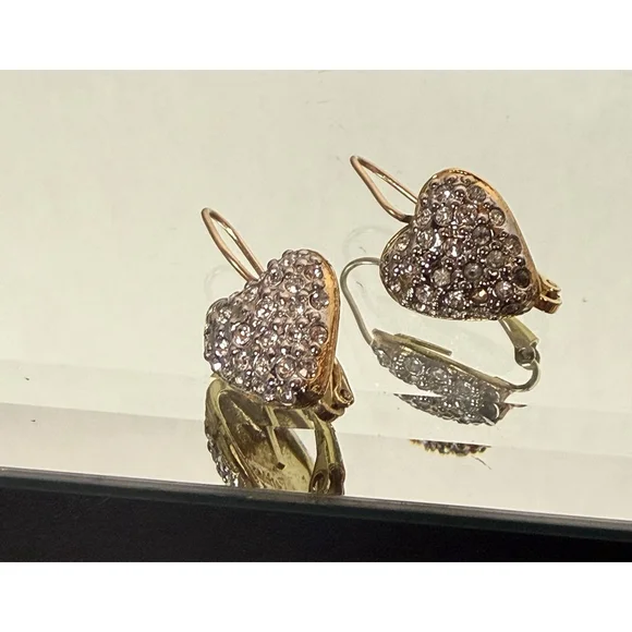 Vintage BUTLER Signed Heart-Shaped Rhinestone Earrings Gold Tone - Picture 4 of 11